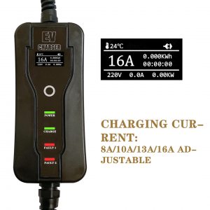 Electric vehicle charging station 5m portable 8A-10A-13A-16A adjustable control EV charger SAE J1772, type 1 and type 2 EVSE